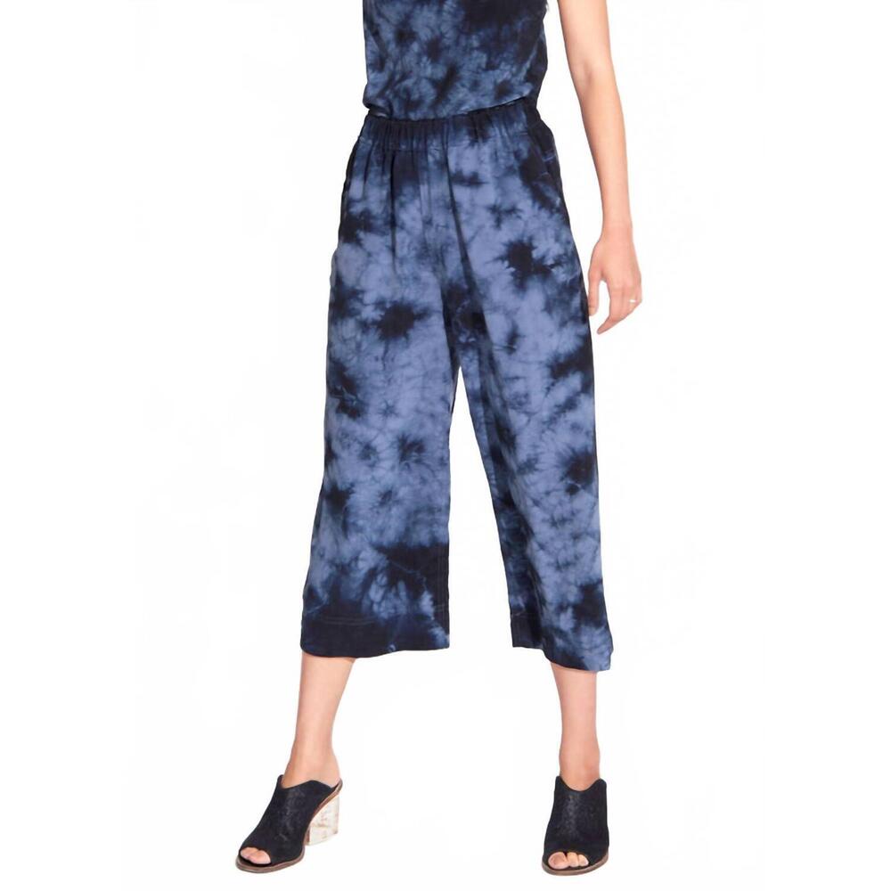 NEW SOURCERY wide leg silk crop pant in indigo tie dye